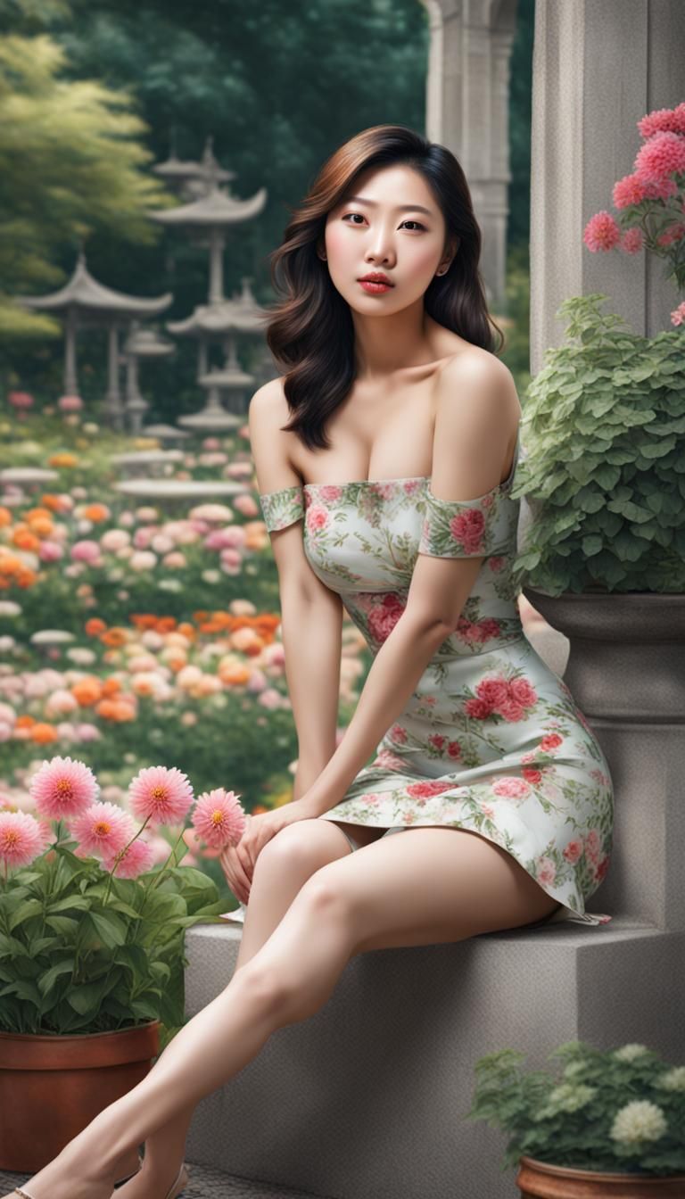 Lady in Garden with Short Skirt