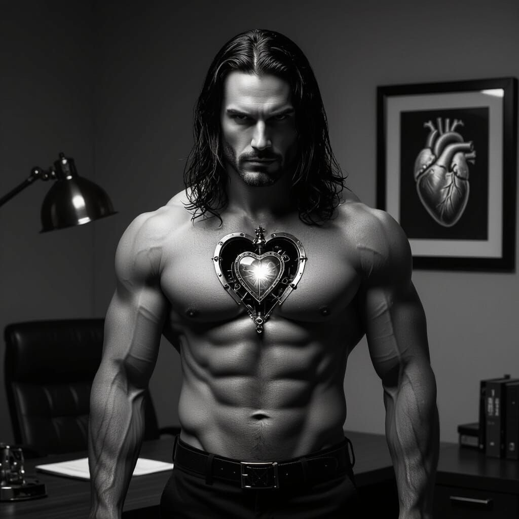 Muscular Man With Steampunk Heart in Ominous Office