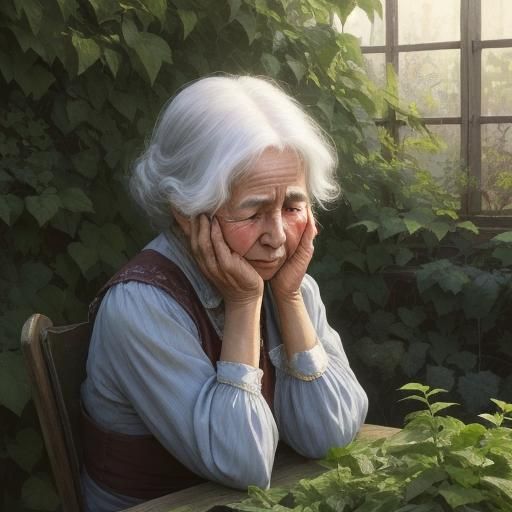 Elderly Woman's Sorrow in Lush Garden