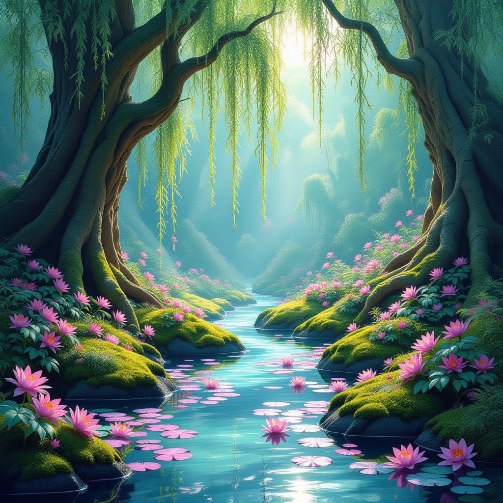 A psychedelic dreamlike pastel painting of a glen features a...