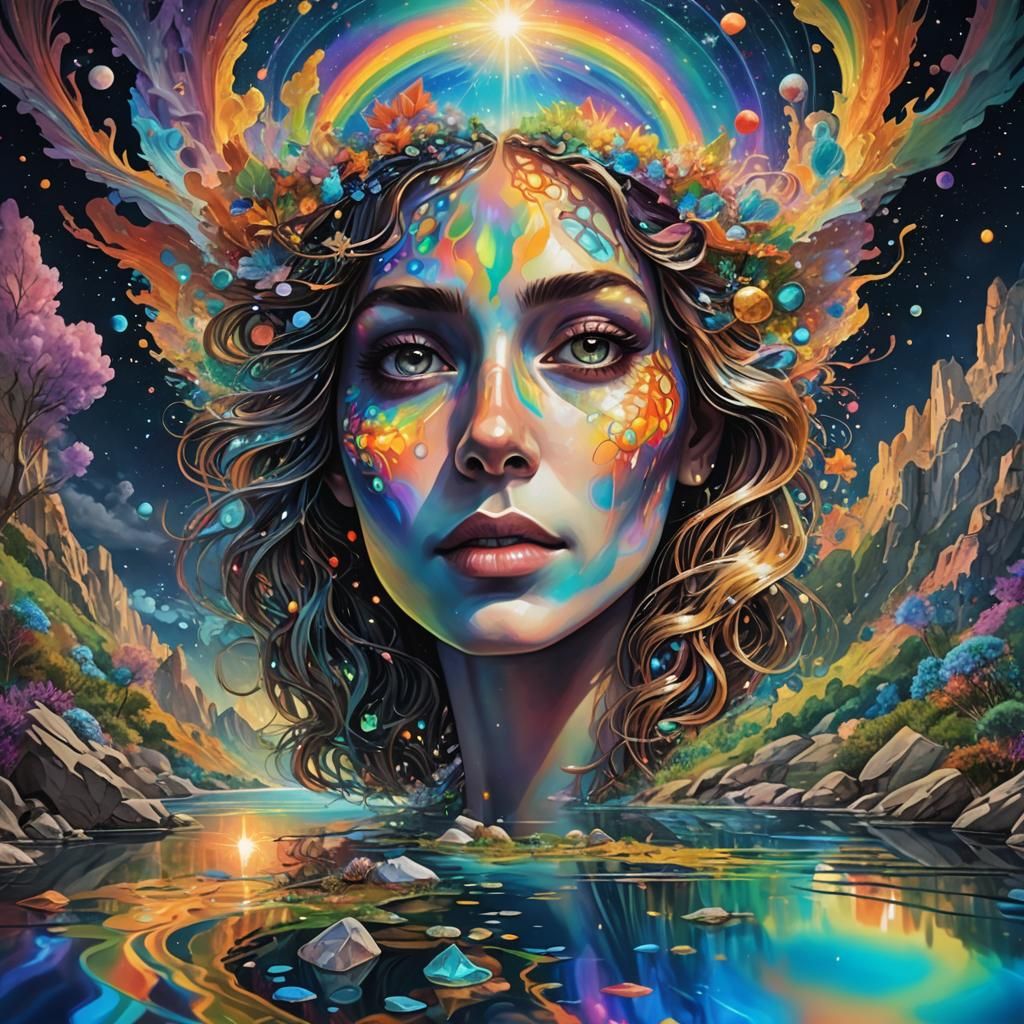 Rainbow Fairy on Crystal Mushroom, Astral Illustration