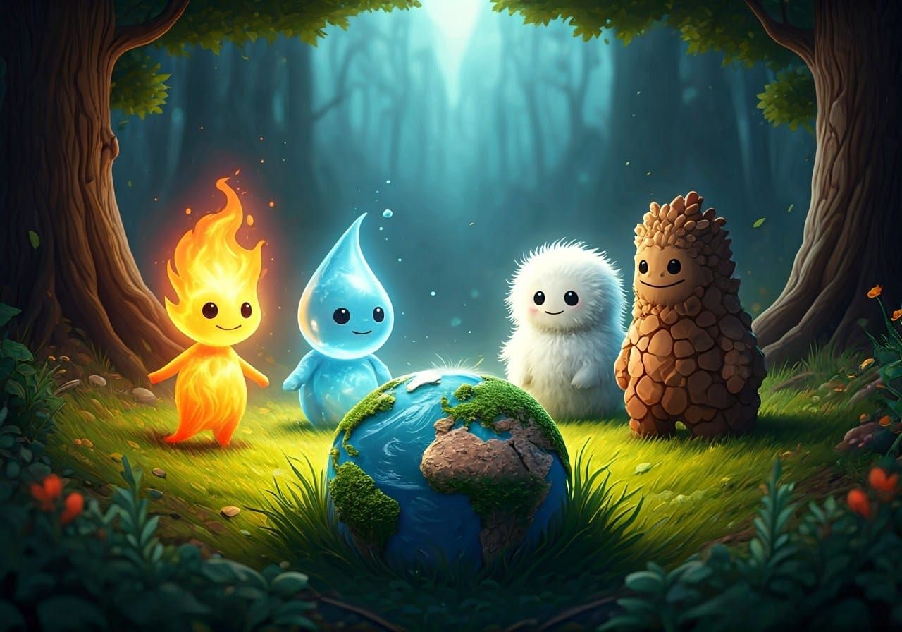 Four Elements Around Earth in Pixar Style