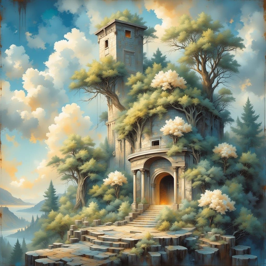 Cyberpunk Tower Shrouded in White Roses with Thorns