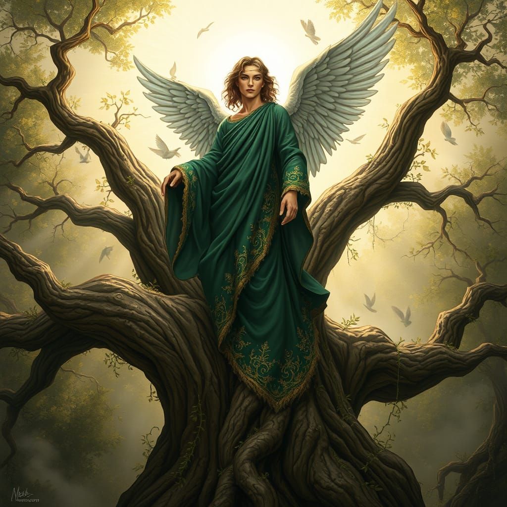 Ethereal Angel Amidst Ancient Tree in Golden Light