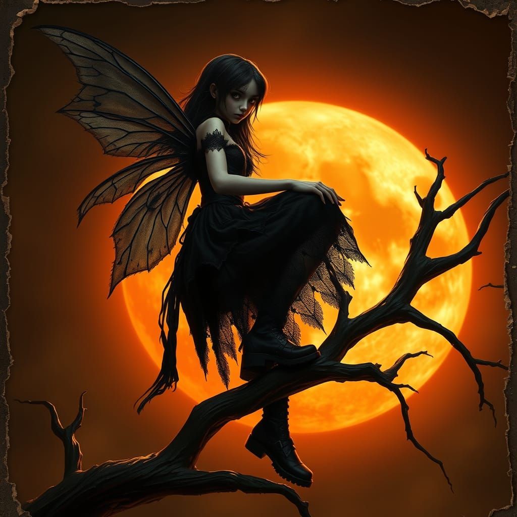 Goth Fairy Silhouetted Against a Full Moon