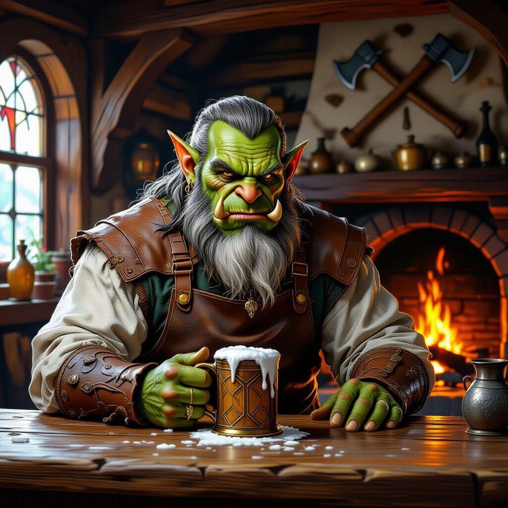 Orc Tavern Keeper in Ornate Digital Painting Style