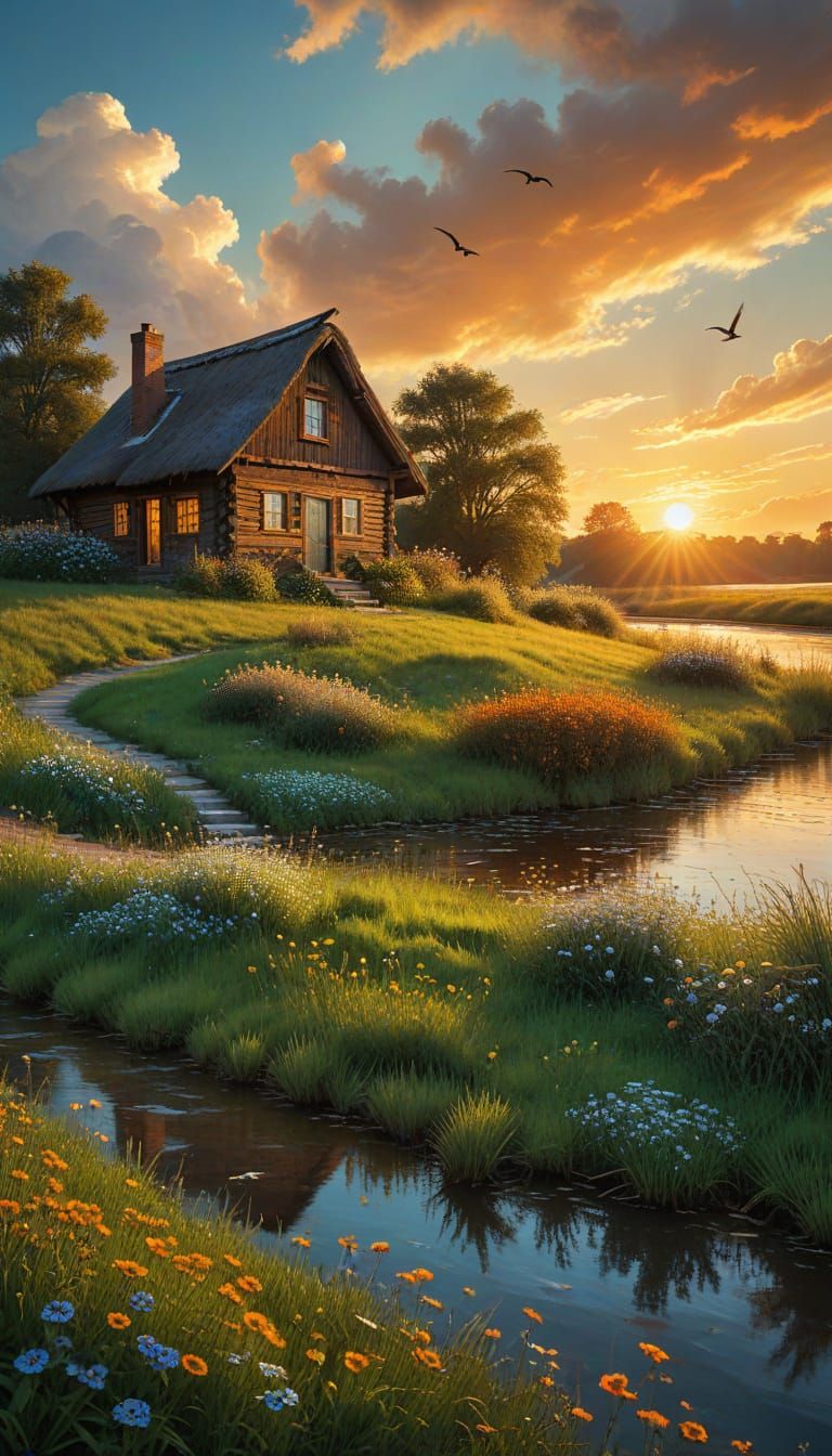 Van Gogh Style Cabin in Sunset Meadow