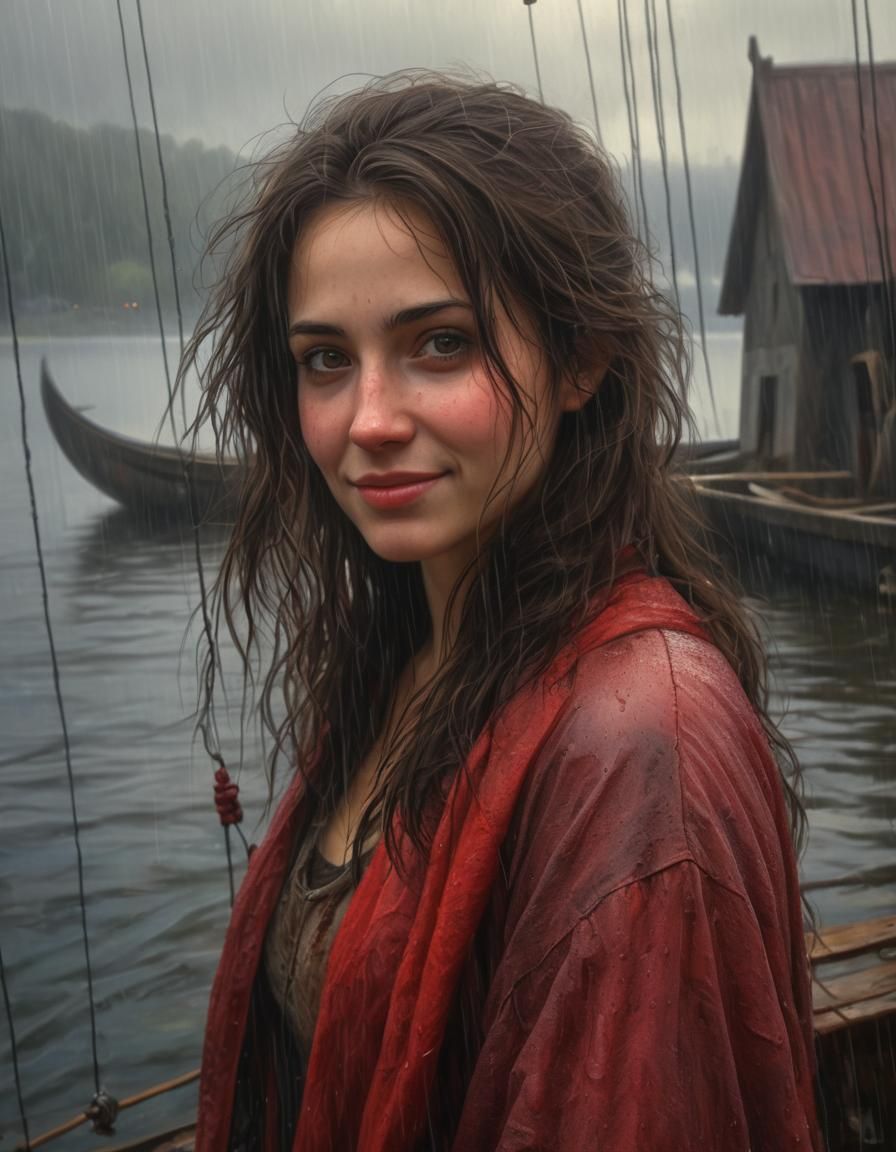 Chiaroscuro Oil Painting: Woman in Rainy Landscape