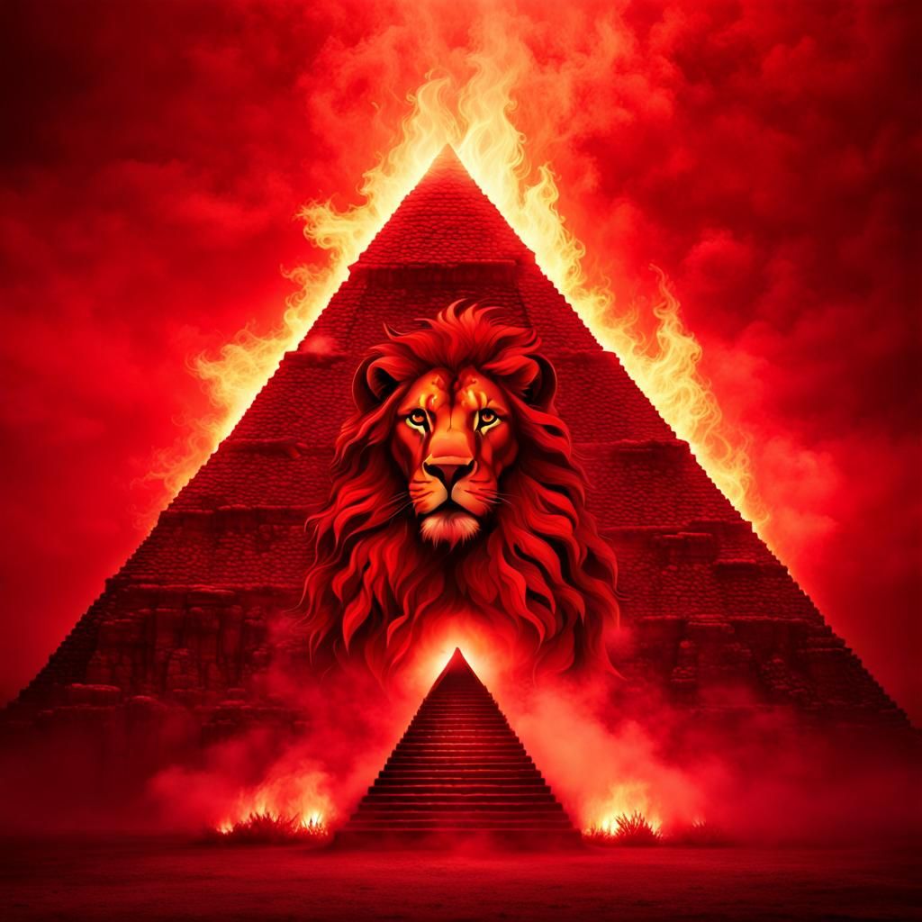 Lion in Red Pyramid with Flames