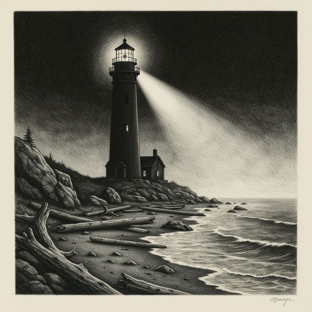 Ominous Moonlit Lighthouse on Desolate Shore