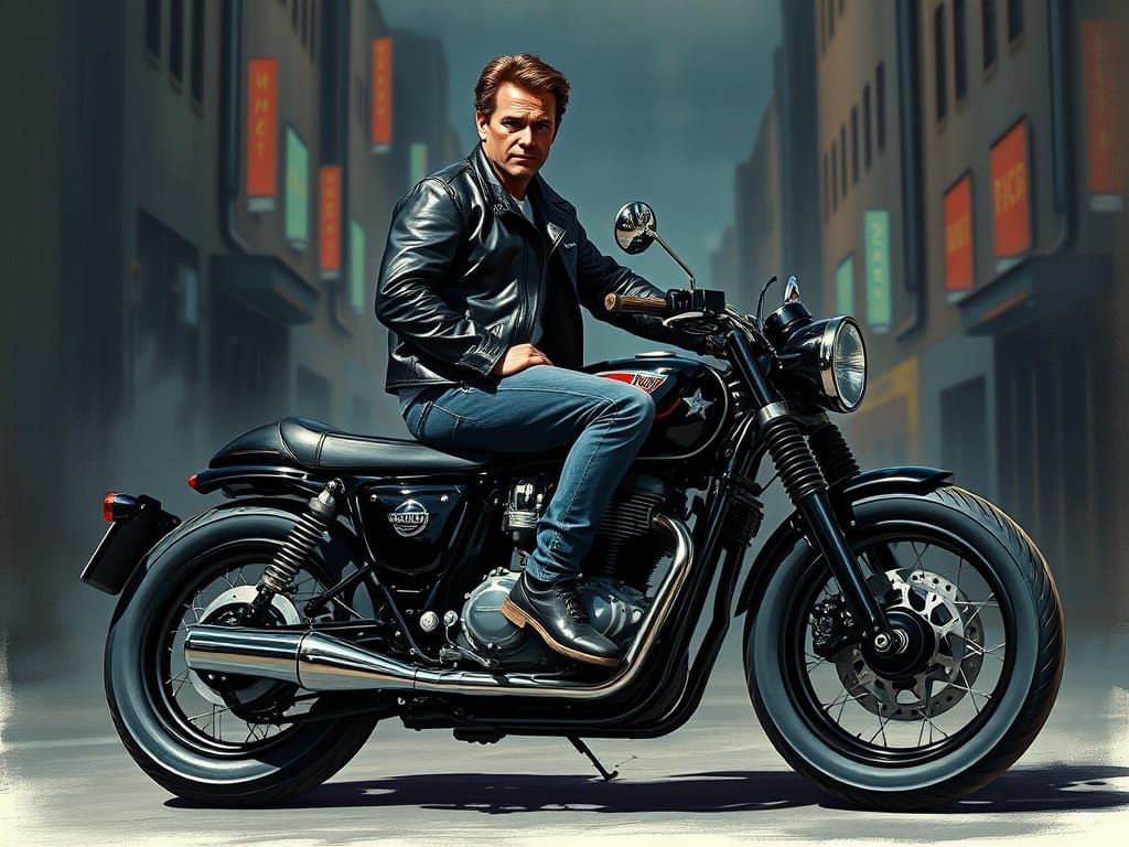 Vintage Biker Sits on Sleek Vincent Motorcycle in Urban Noir