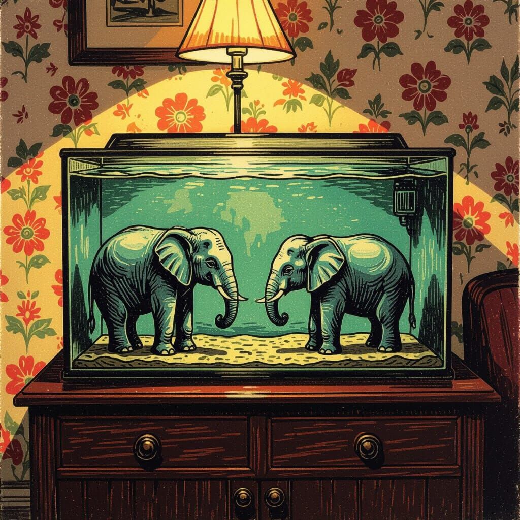 Surreal Elephants in Aquarium: Lino Cut Style