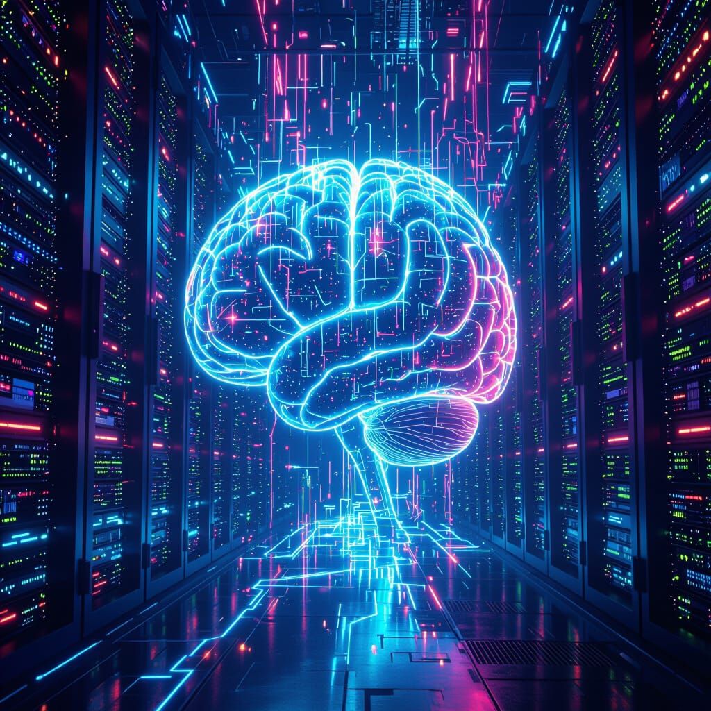 Bioluminescent Neural Network in Server Farm, Detailed Matte...