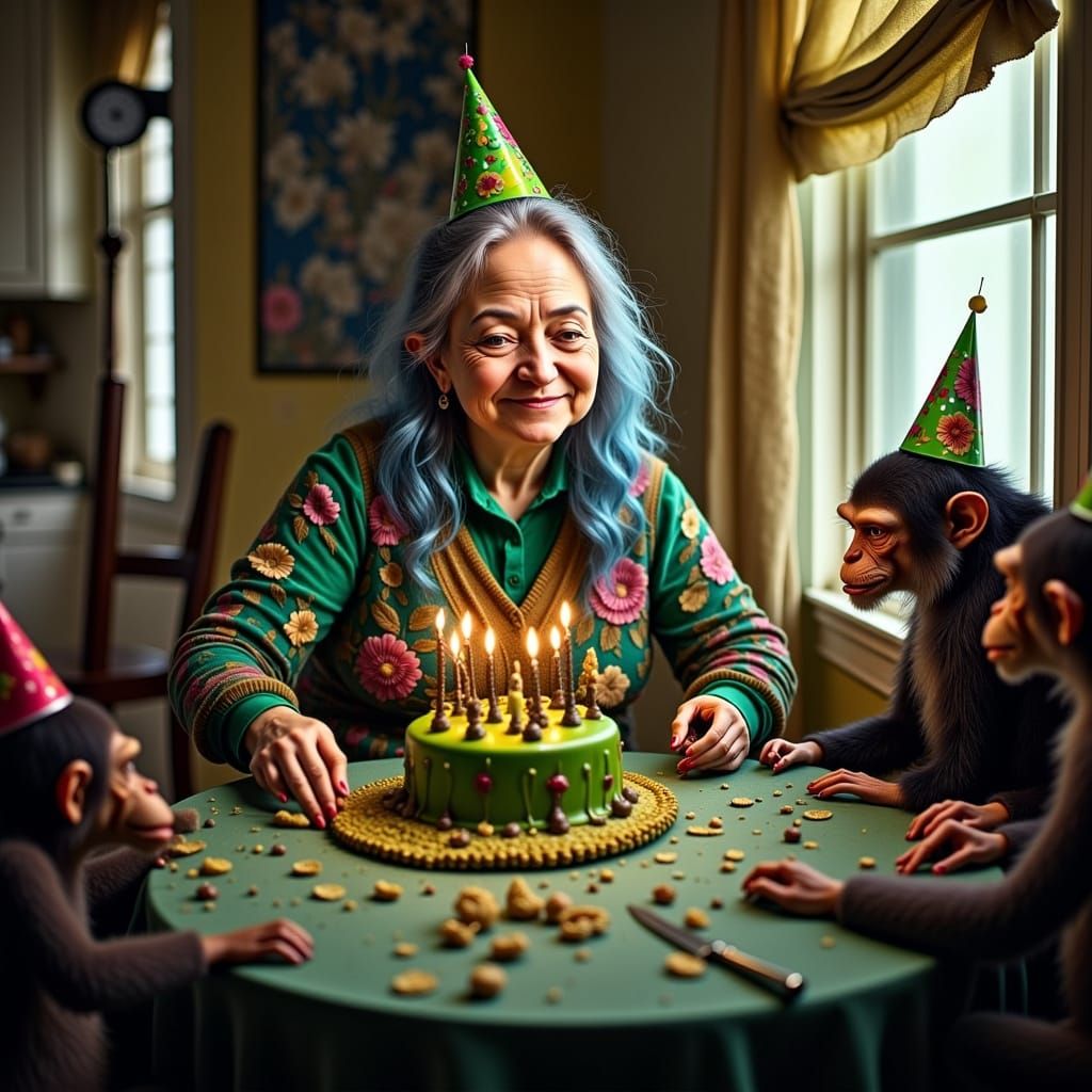 Elderly Woman Celebrates Birthday with Monkeys and Pickle Ca...