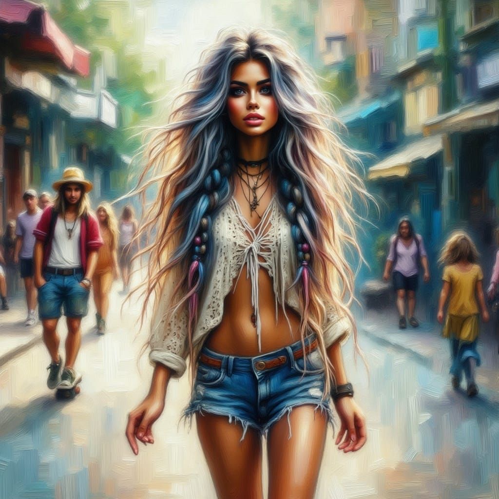 Grungy Skater Girl with Braided Hair in Watercolor Style