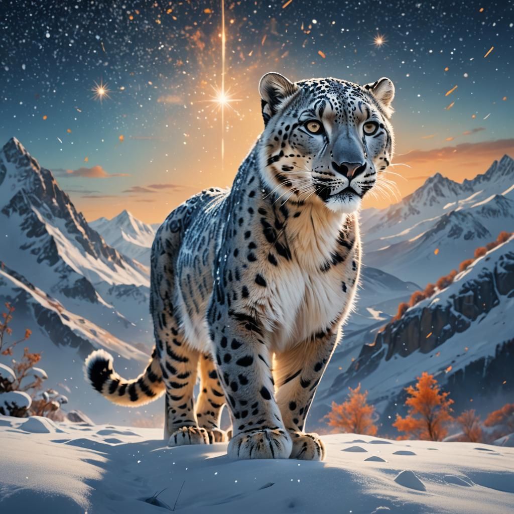 Snow Leopard on Snowy Mountain Under Shooting Stars