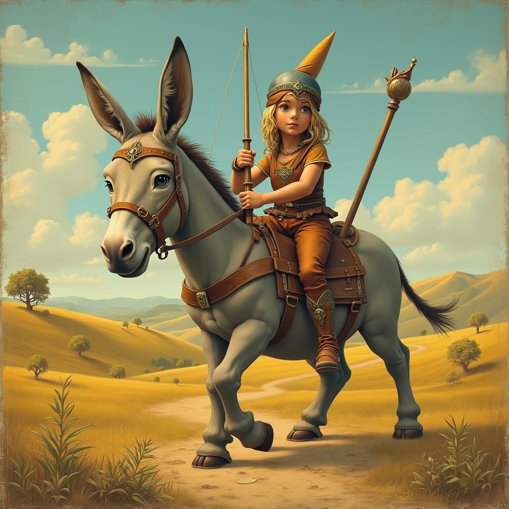 A Donkey Warrior in Sun-Kissed Hills, in Whimsical Boschian ...