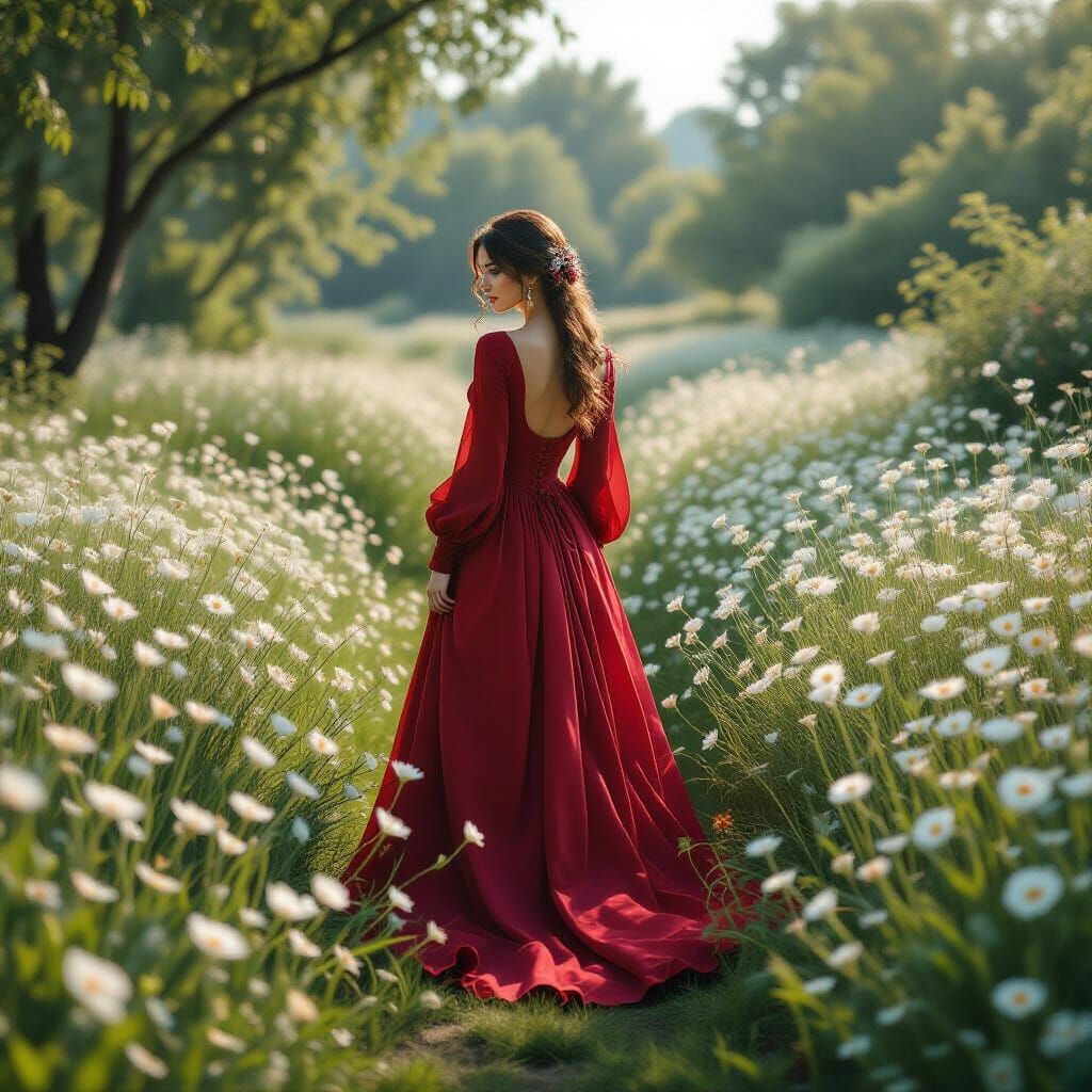 Magical White Wildflower Garden with Woman in Red Dress