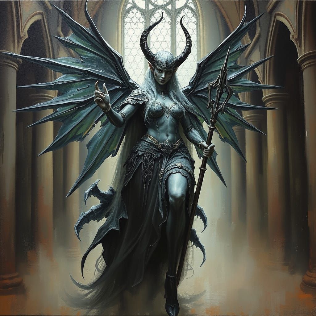 Valkyrie in Gothic Cathedral Oil Painting
