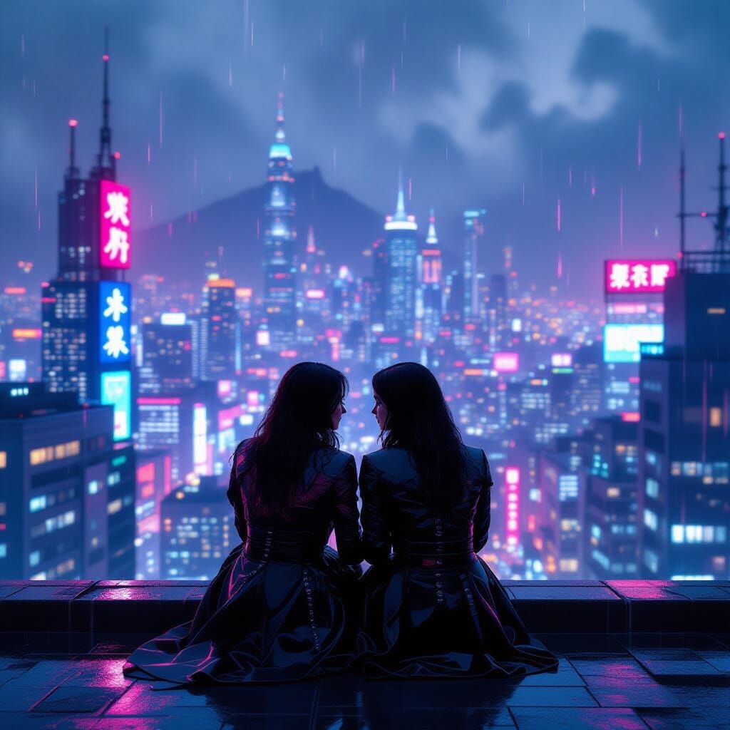 Lesbian Couple in Cyberpunk Cityscape Digital Matte Painting