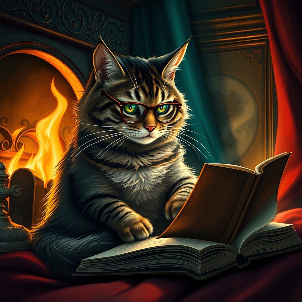 Regal Cat Reads by Cozy Fireplace