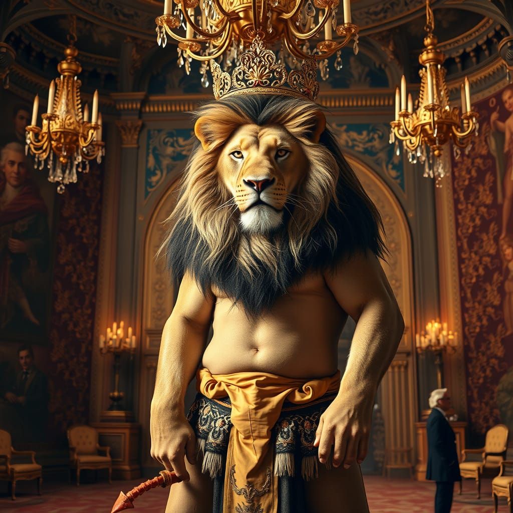 Majestic Lion King with Scorpion Tail in Opulent Hall