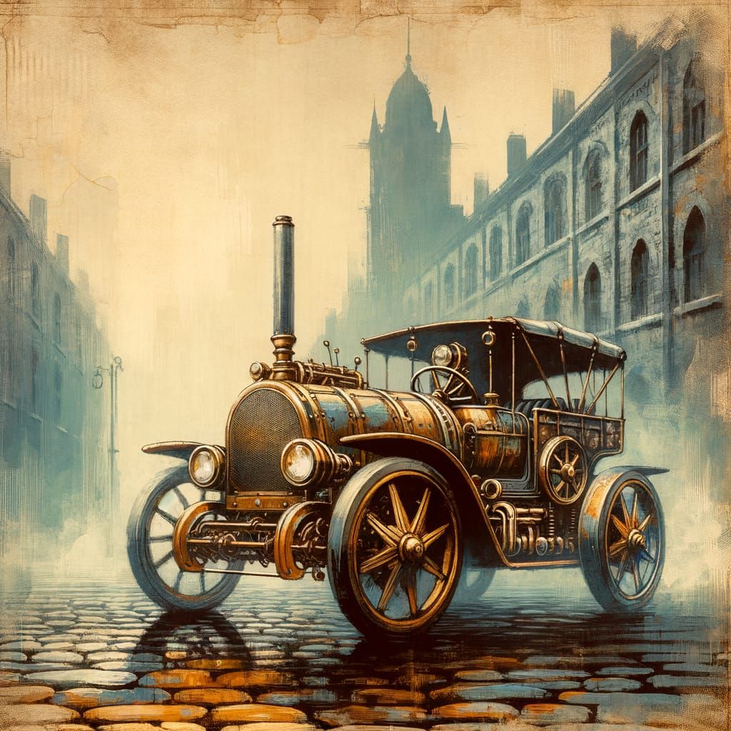 Steampunk Automobile Gouache Painting on Textured Paper