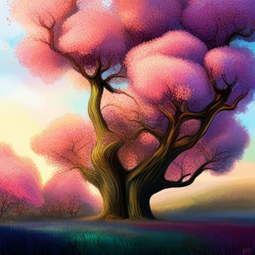Hyperrealistic Trees Like Cotton Candy Splash Art