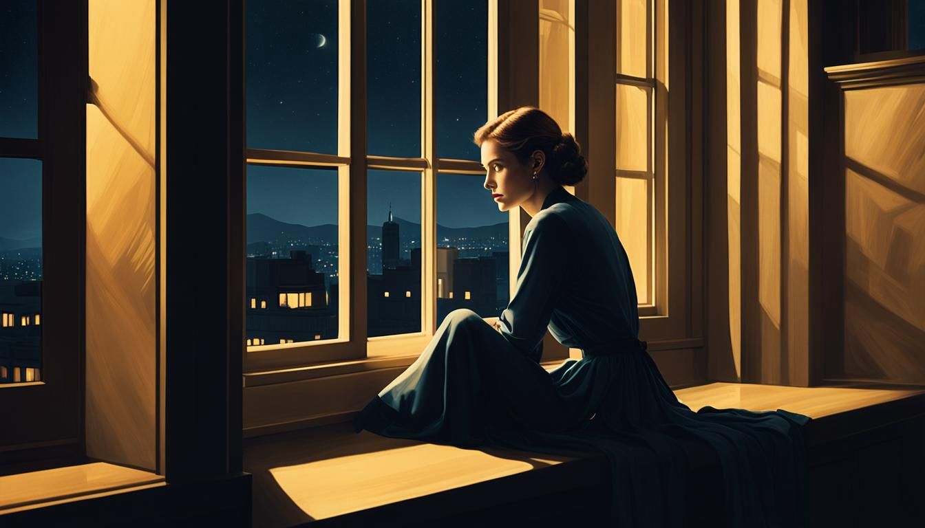 Woman Contemplates City Lights in Edward Hopper Style