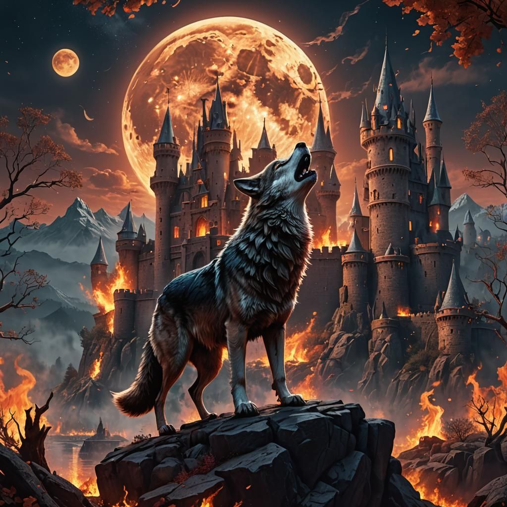 Wolf Howling at Moonlit Castle Fire