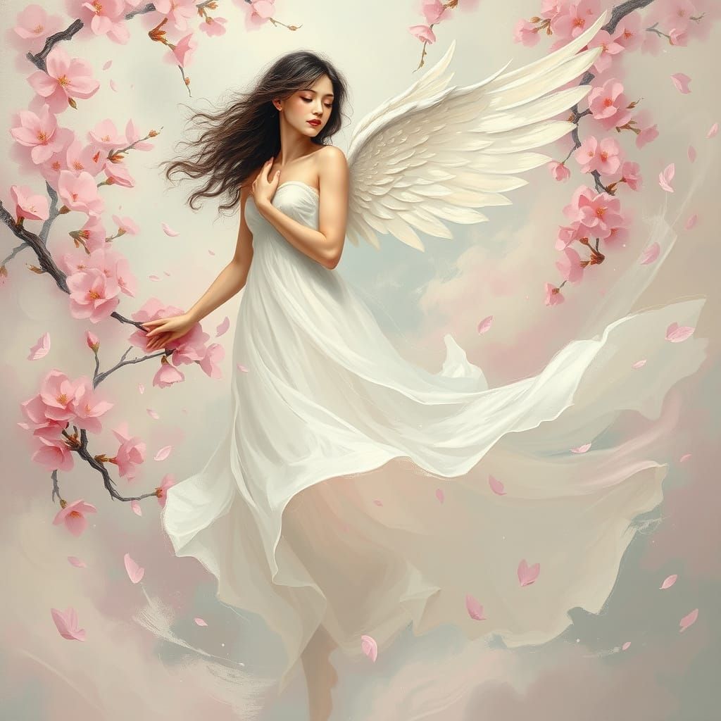 Ethereal Goddess in Soft Pink Cherry Blossom Clouds