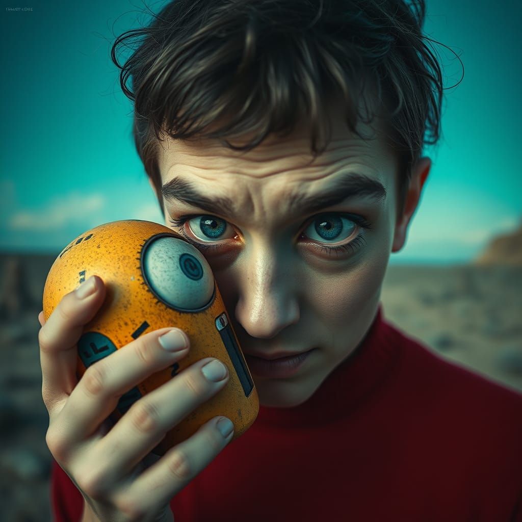 Surreal Person Interacting with Bizarre Object in Retro Land...