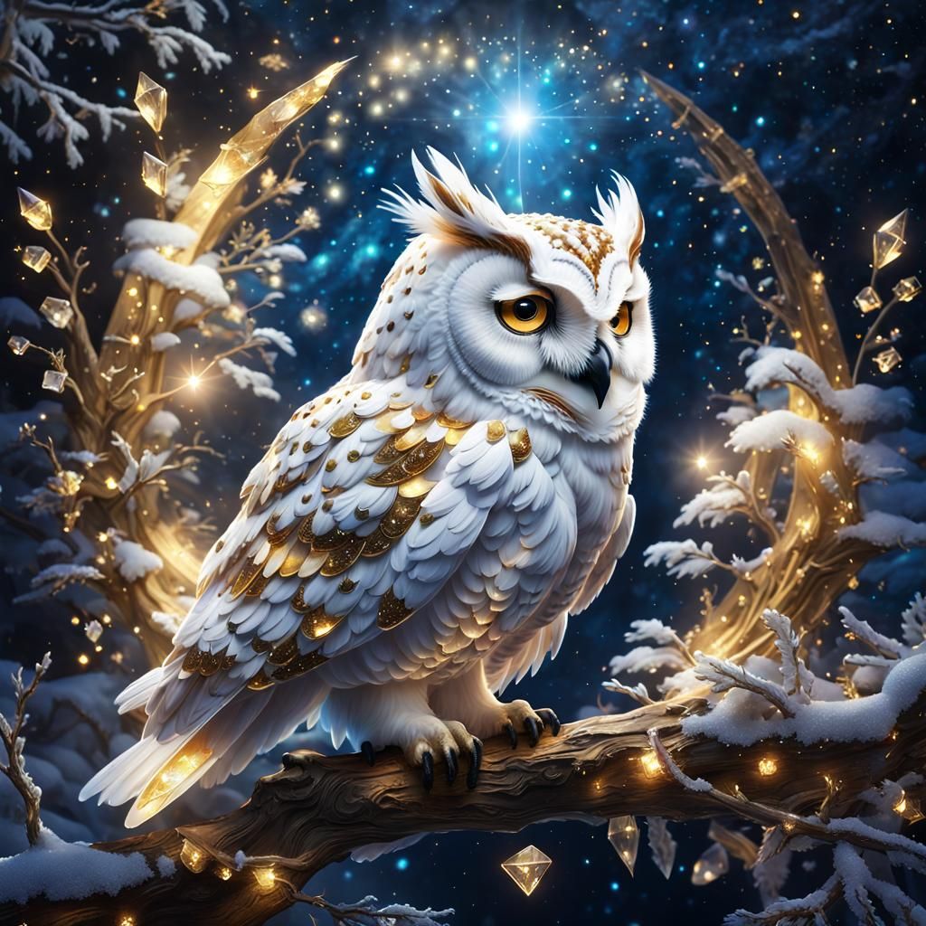 Fantasy Crystal Snowy Owlet in Celestial Astral Art