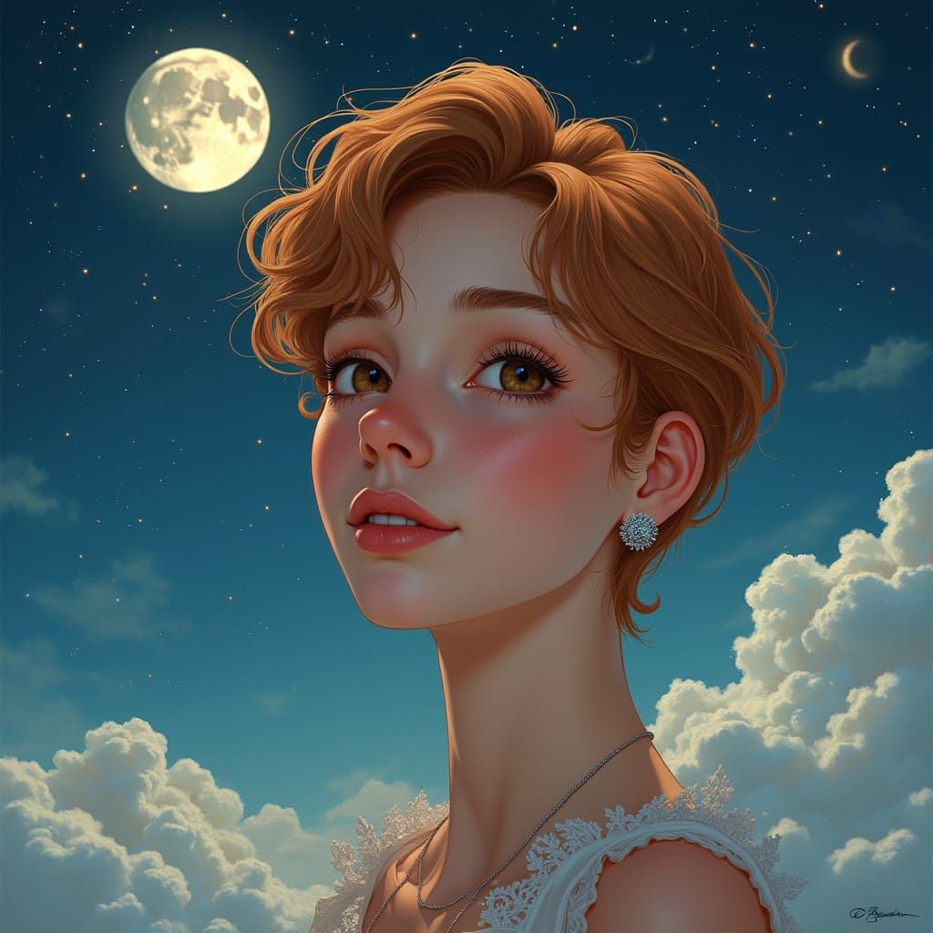 Young Man with Golden Smile in Magical Celestial Background