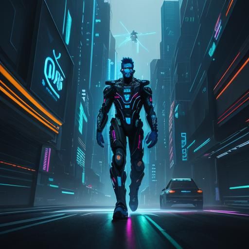 Cyberpunk Man Unleashes Electric Blue Fury in Futuristic Cit...