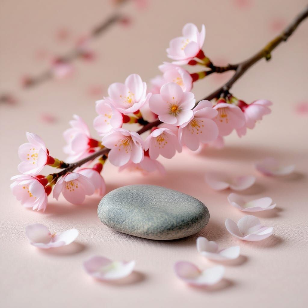 Stone on Plum Blossoms, Washi Paper Texture, Elegant Minimal...