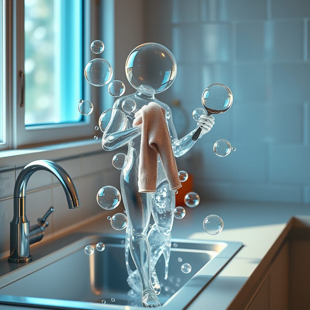 Soap Bubble Figure Drying Silverware in Hyperreal Digital Pa...