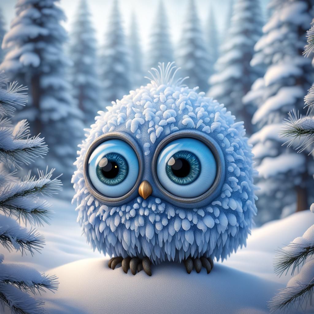 Quirky Odd Creature with Intricately Detailed Big Eyes, Frosted Icy Periwinkle, Snowy Pine Forest, Meticulous Detail, 12...
