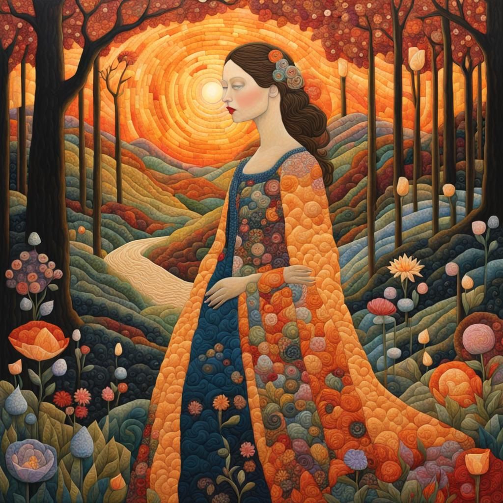 Quilted Sunset Woman in Enchanted Forest, Magic Realism