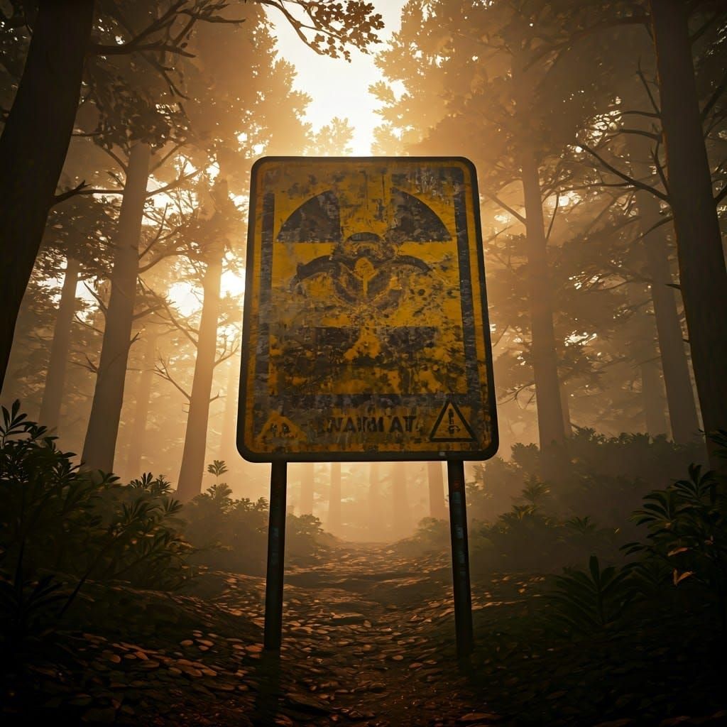 Ominous Nuclear Sign in Mystical Forest, 3D Render