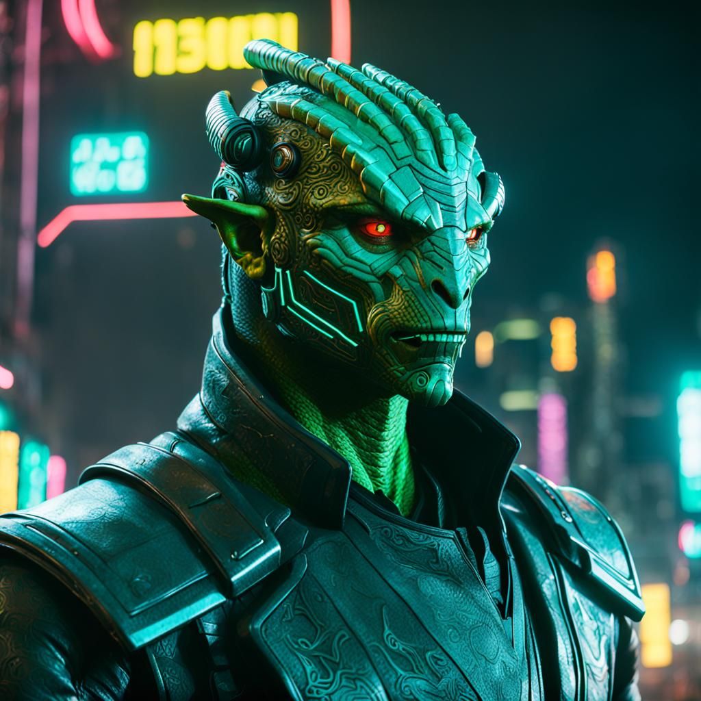 Green Dragonborn in Cyberpunk Neon Cityscape