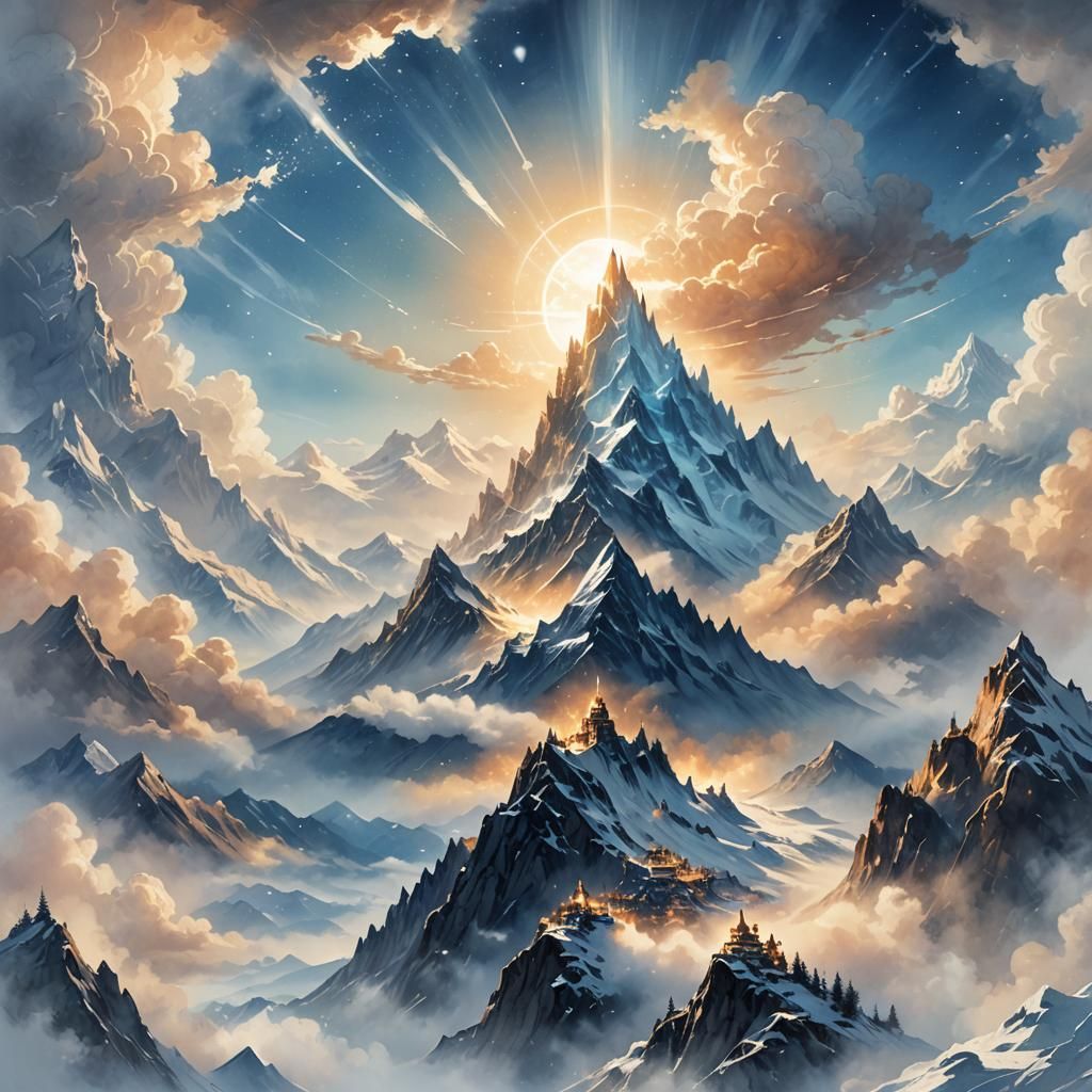 Glowing Mountain with Heavenly Architecture in Watercolor St...