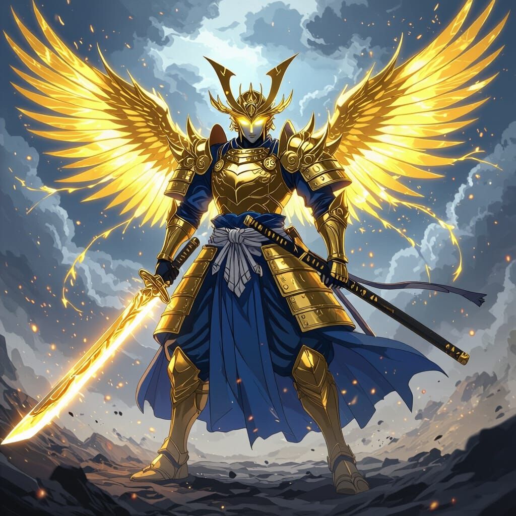 Golden Susano'o Wielding Light Katana in Anime Concept Art