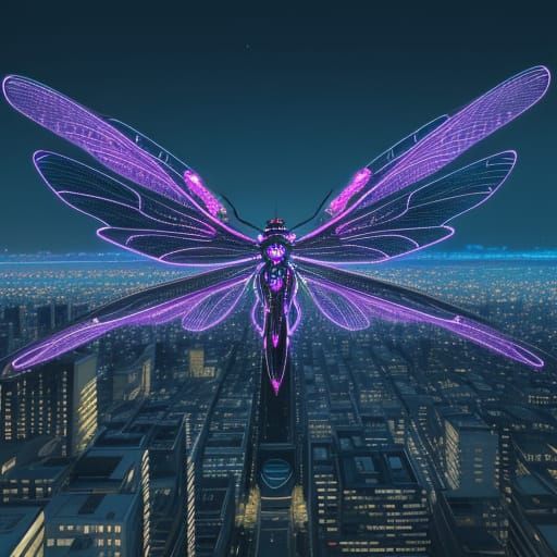 Giant Dragonflies in Bioluminescent Cityscape, Vibrant Moder...