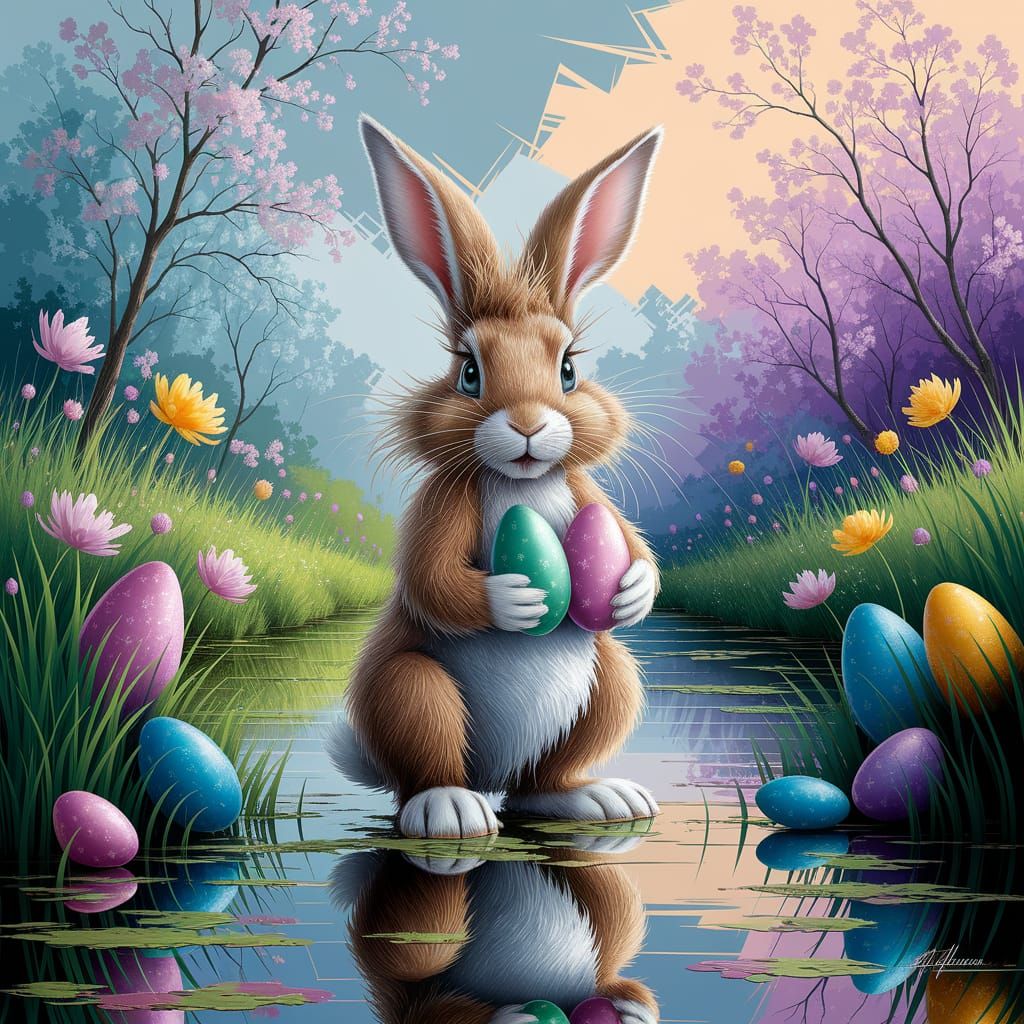 Vibrant Easter Bunny in Whimsical Springtime Scene