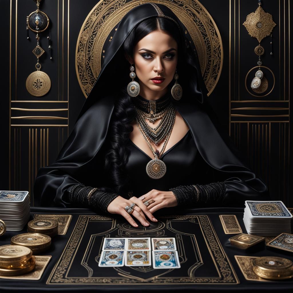 Hyperrealistic Woman with Tarot Cards and Jewelry