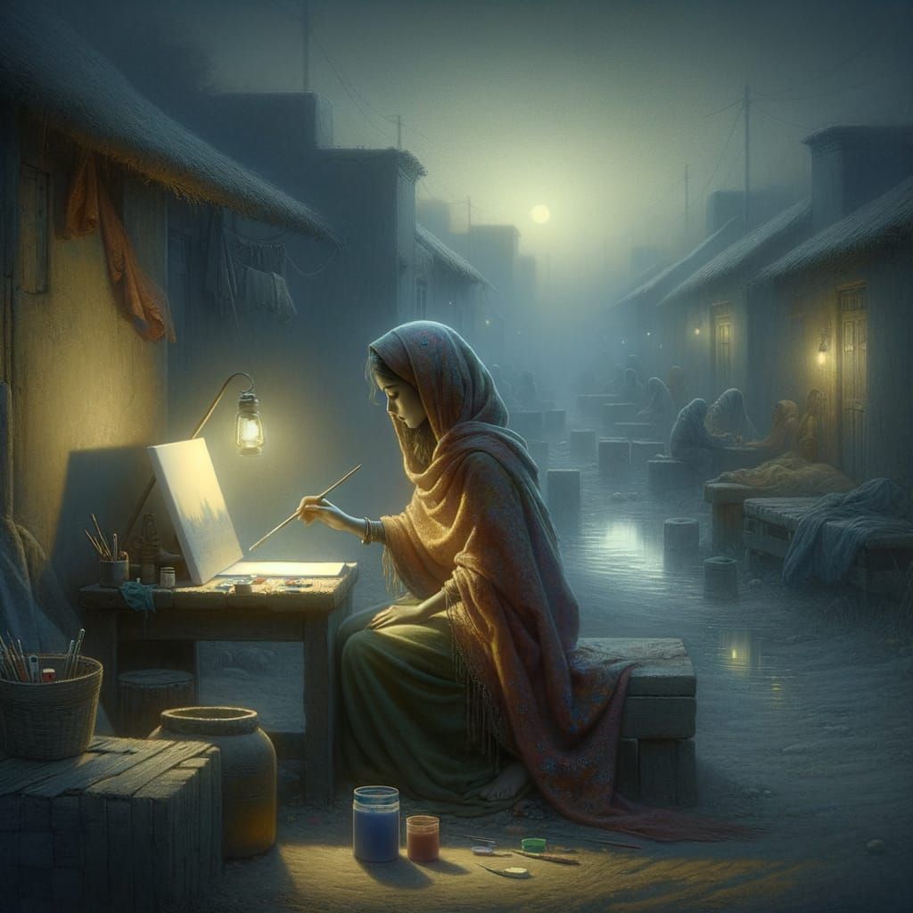 Artist Laila Paints in a Muted Village with Ethereal Glow