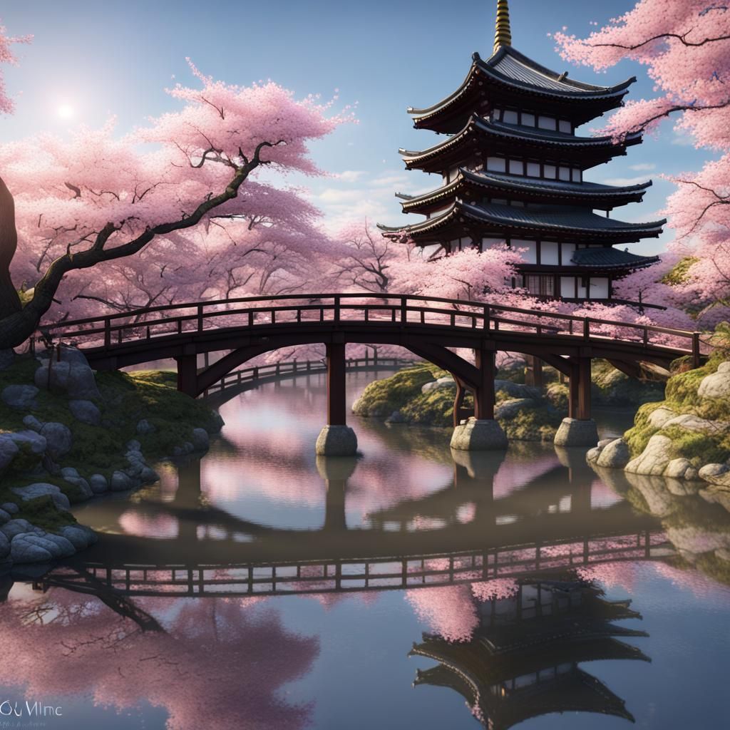 Japanese Town with Cherry Blossoms: Detailed Matte Painting