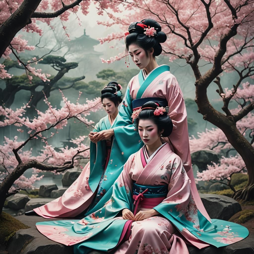 Geisha and Master in Misty Japanese Garden