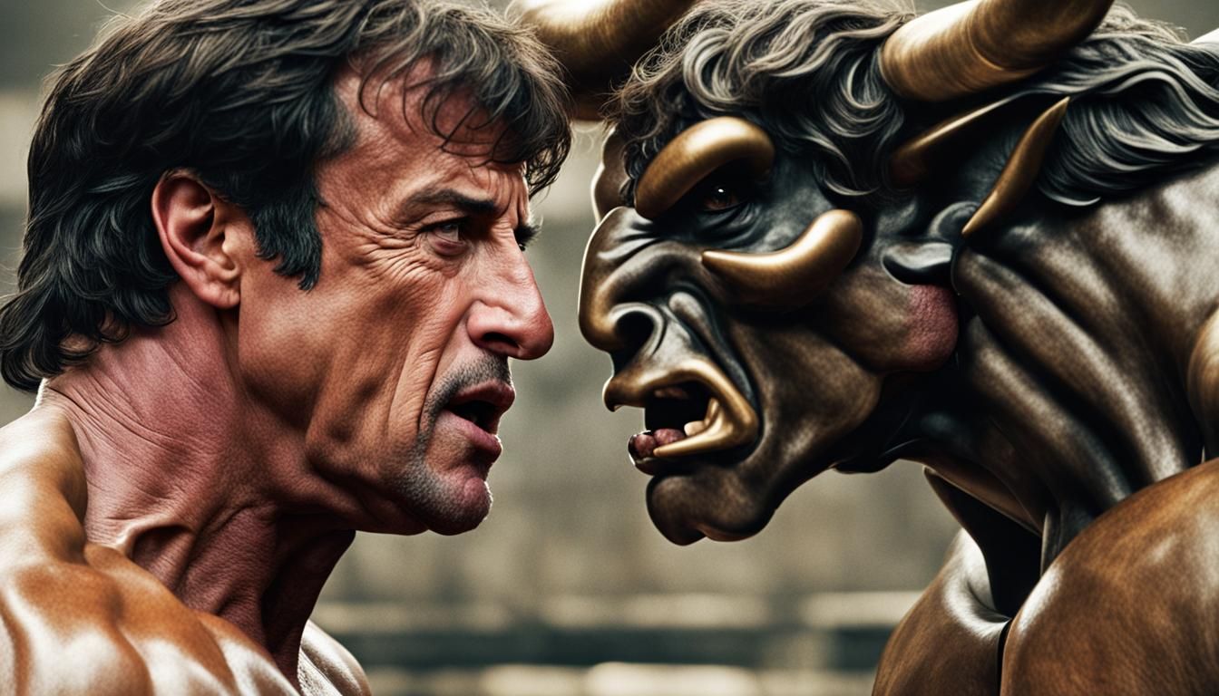 Sylvester Stallone  and the Bull headed  Minotaur  nose to nose, growling at one another